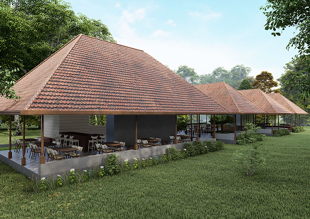 Wide panoramic view of a resort with terracotta roofs