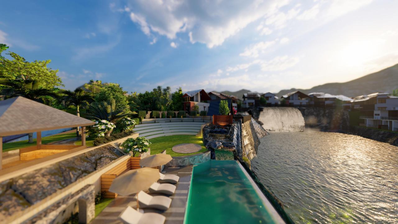 Luxury villa with a private swimming pool and comfortable lounge chairs